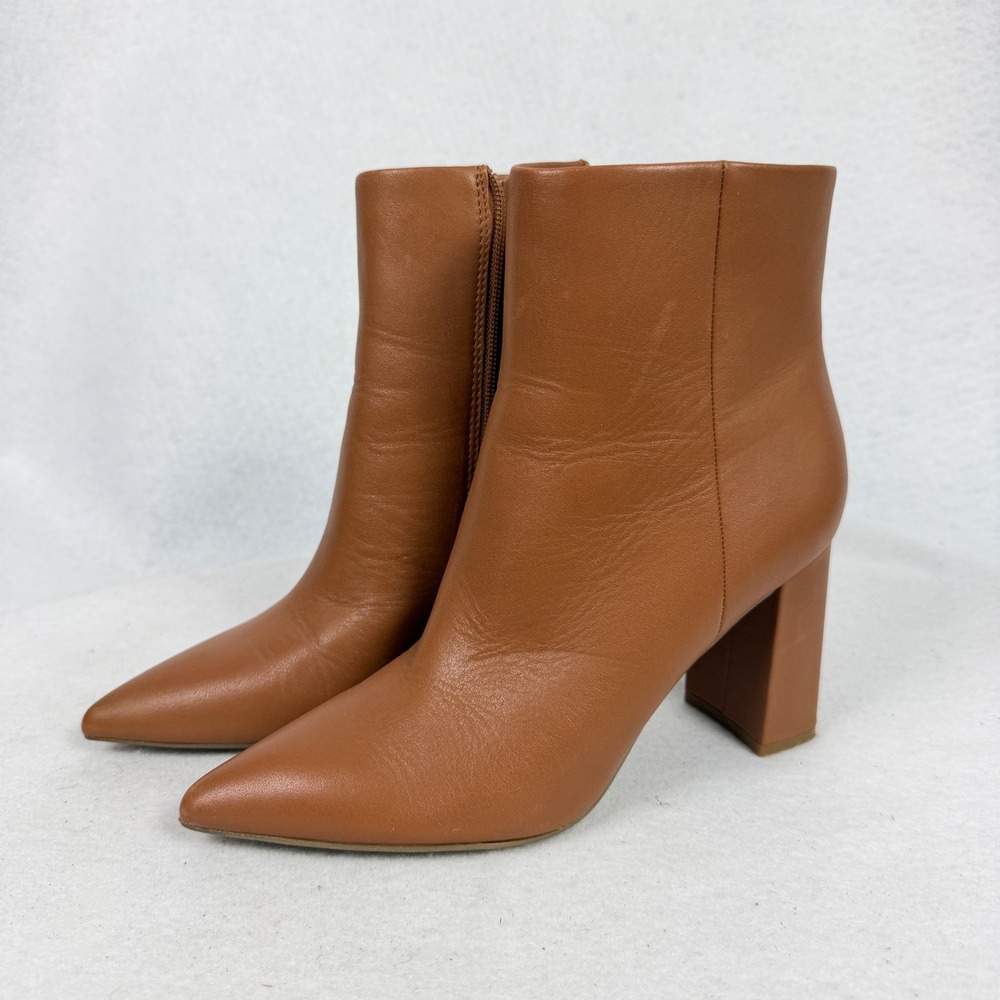 Marc Fisher Ankle Boots Womens 6.5M Leather Pointed Toe Block Heel Cognac Brown
